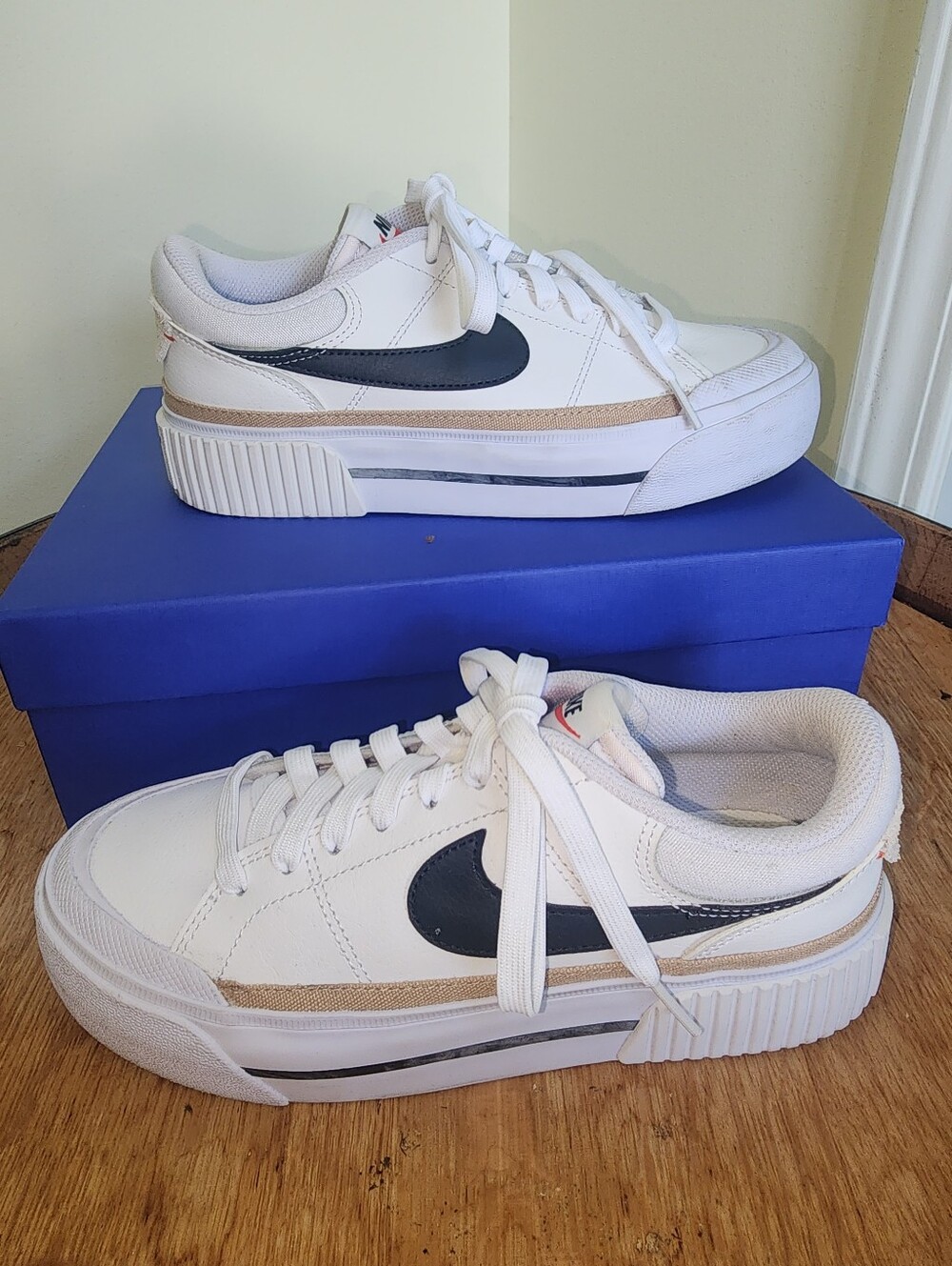 6.5 Nike Women’s White Sneakers with Black Swoosh and Tan Trim